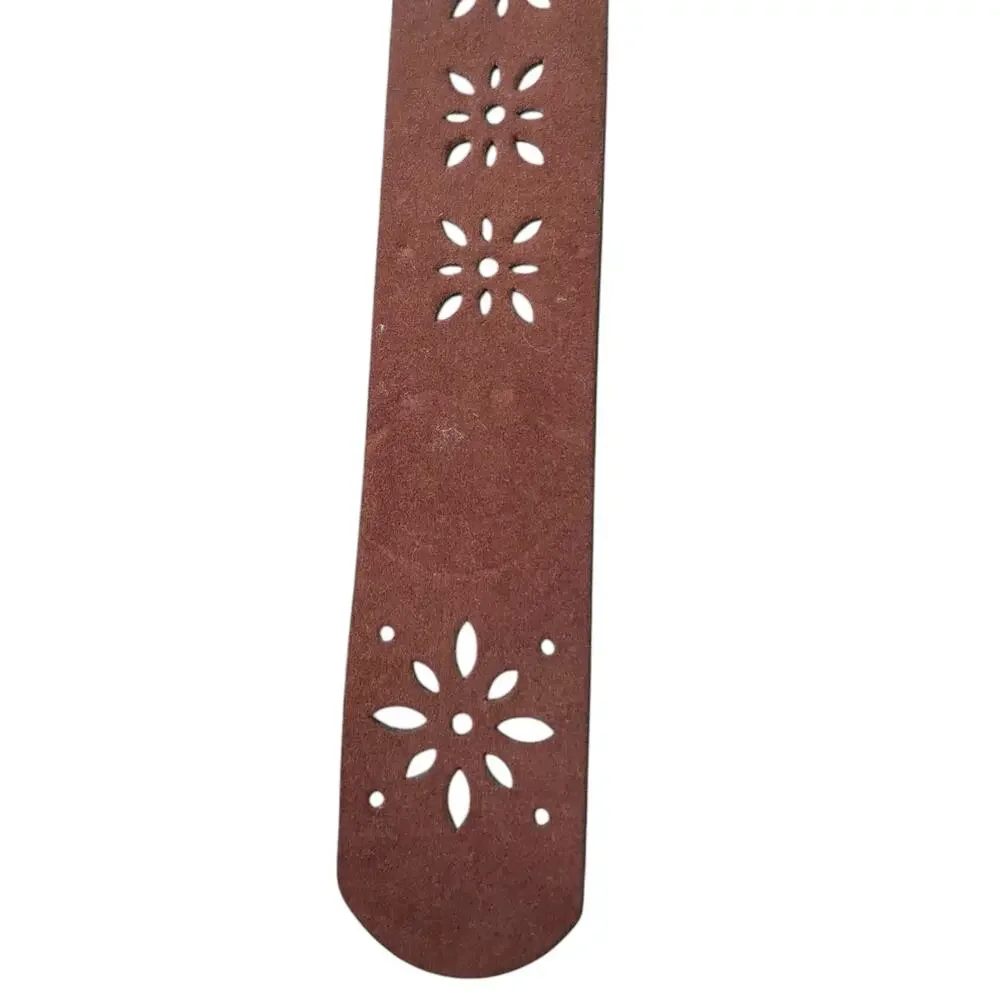 Y2K Style Faux Leather Belt Rhinestone Bling Floral Buckle Boho Western Brown